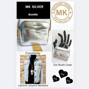 Michael Kors SILVER Bag, Earbuds Keyring, Lipstick Lanyard Necklace BUNDLE NWT!